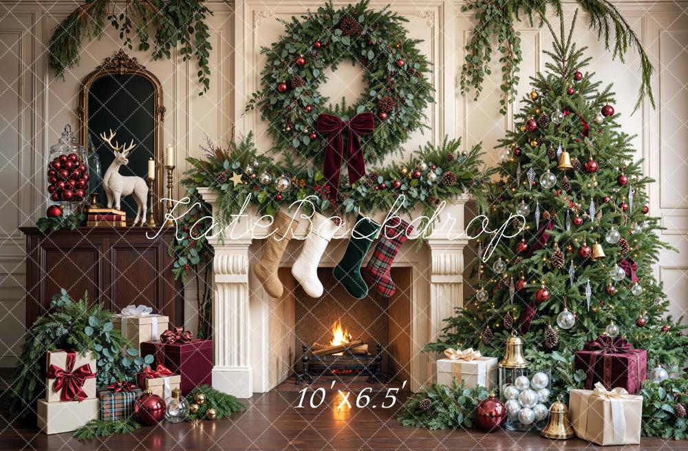Kate Christmas Tree Fireplace Botanical Wreath Stockings Printed Backdrop Designed by Mini MakeBelieve