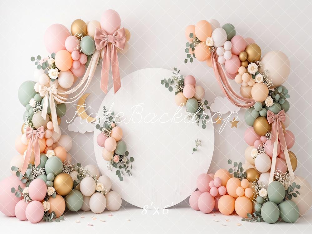 Kate Birthday Pastel Balloon Flower Arch Bow Printed Backdrop Printed Backdrop Designed by Angela Miller