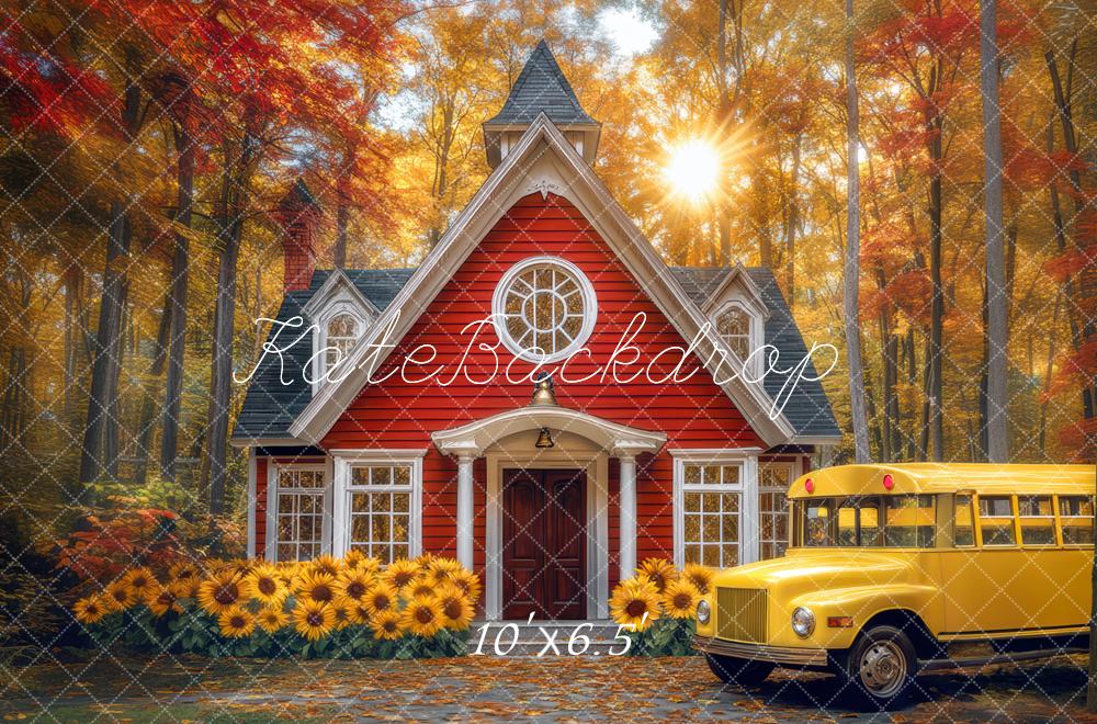 Kate Fall Schoolhouse Sunflower Forest Backdrop Designed by Mini MakeBelieve