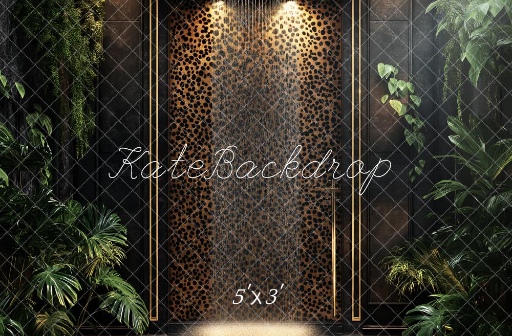 Kate Boudoir Jungle Leopard Print Wall Greenery Shower Backdrop Designed by Ashley Paul