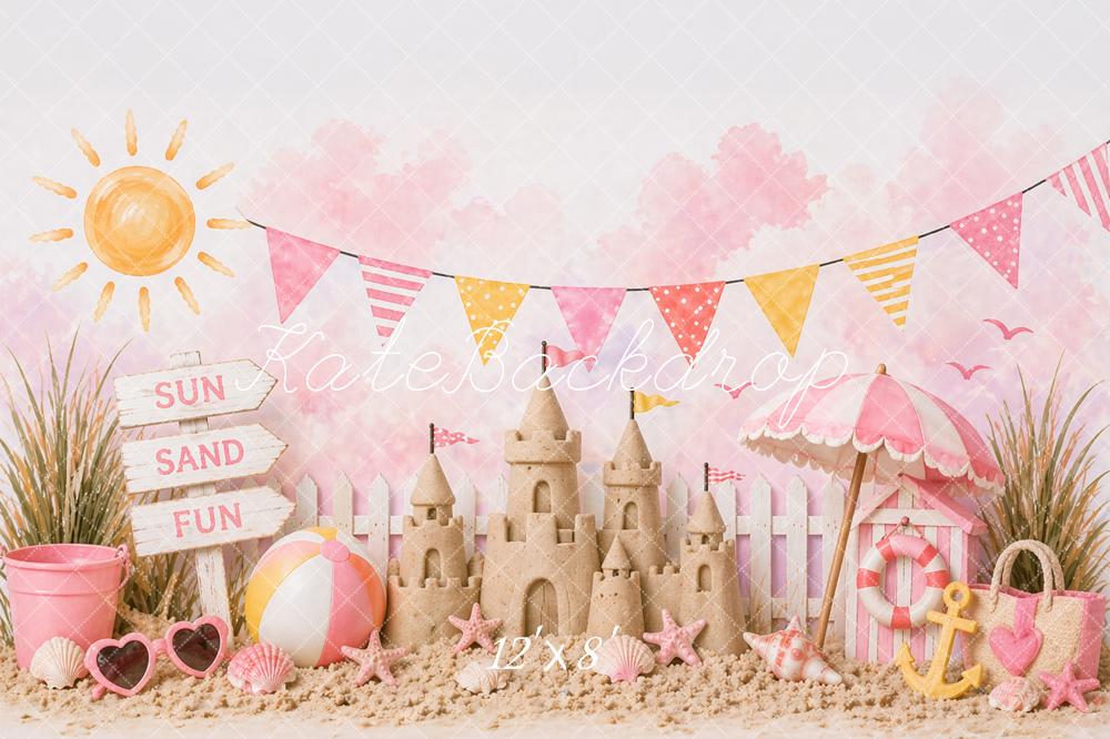 Kate Summer Sandcastle Beach Umbrella Pink Printed Backdrop Designed by Caitlin Lynch
