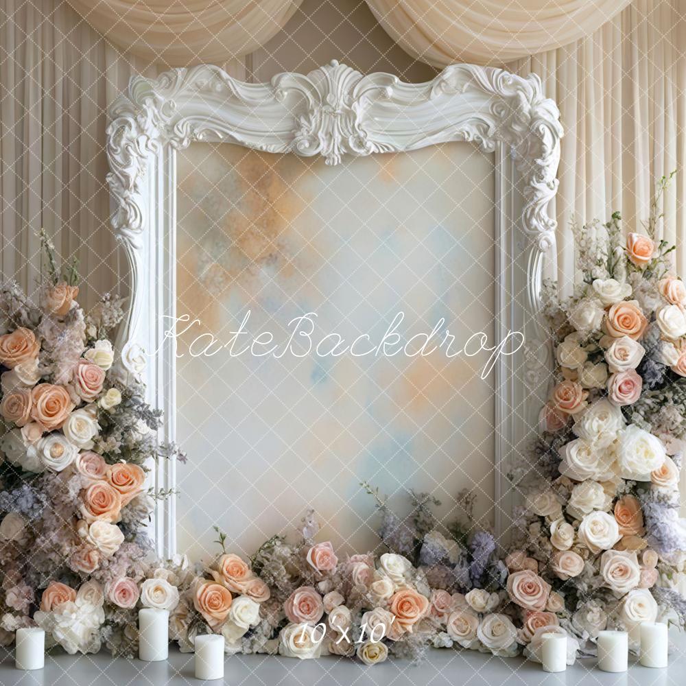 Kate Spring Flower Arch White Ornate Frame Cream Roses Candles Backdrop Designed by Mini MakeBelieve