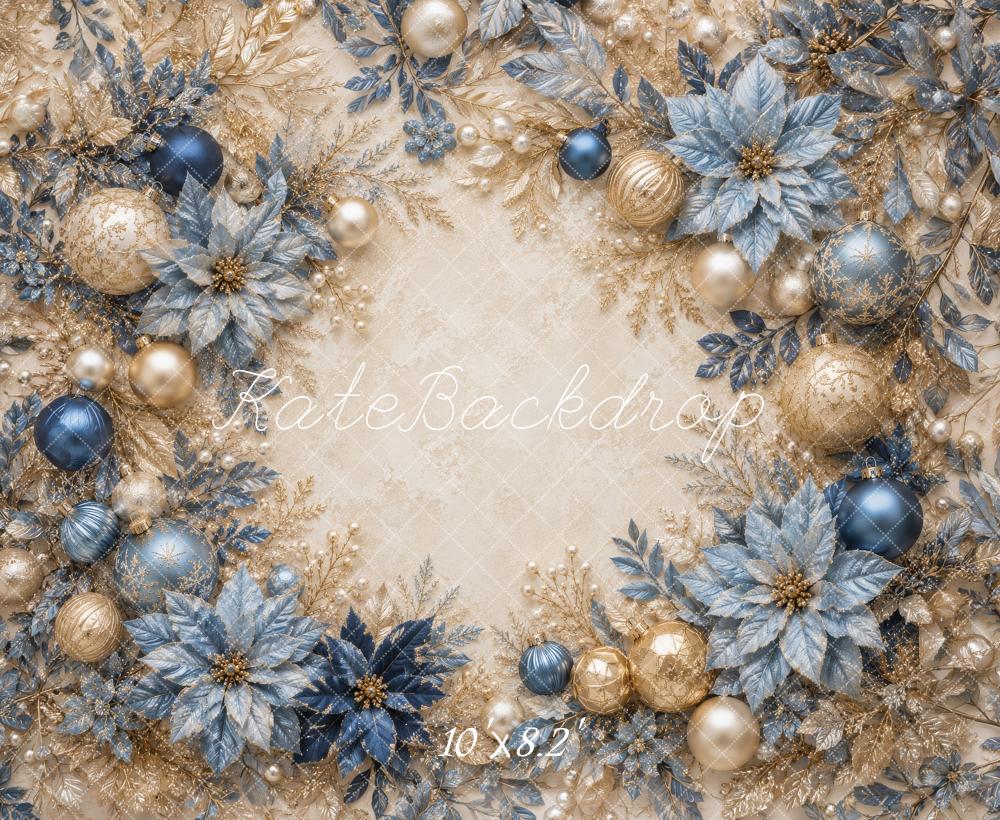 Kate Christmas Blue Gold Ornaments Poinsettias Garland Printed Backdrop Designed by Megan Leigh Photography