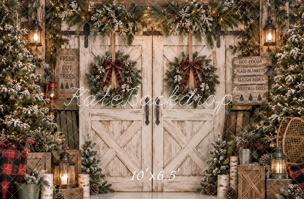 Kate Christmas Rustic Barn Doors Lodge Evergreen Wreaths Printed Backdrop Designed by Ashley Paul