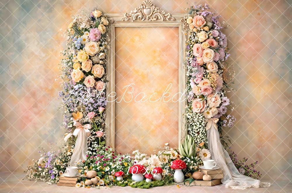 Kate Fairy Flower Arch Vintage Frame Mushrooms Pastel Printed Backdrop Designed by Mini MakeBelieve