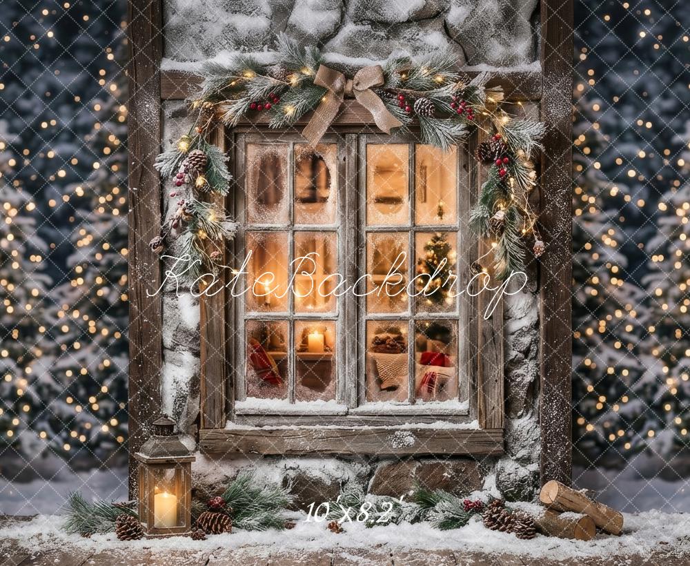 Kate Christmas Evening Snowy Window Garland Lantern Printed Backdrop Designed by Happy Squirrel Design