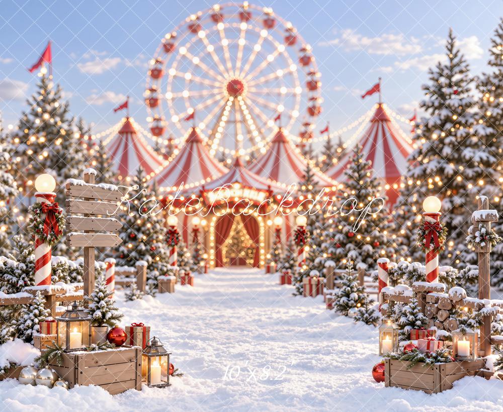 Kate Christmas Circus Ferris Wheel Snowy Trees Printed Backdrop Designed by Emetselch