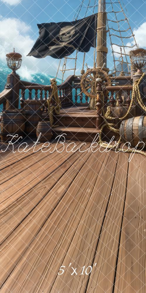 Kate Sweep Pirate Ship Deck Steering Wheel Ropes Barrels Ocean Backdrop Designed by Chain Photography