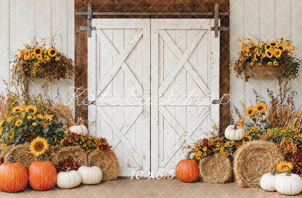 Kate Fall Barn Door Sunflower Harvest Pumpkins Backdrop Designed by Emetselch