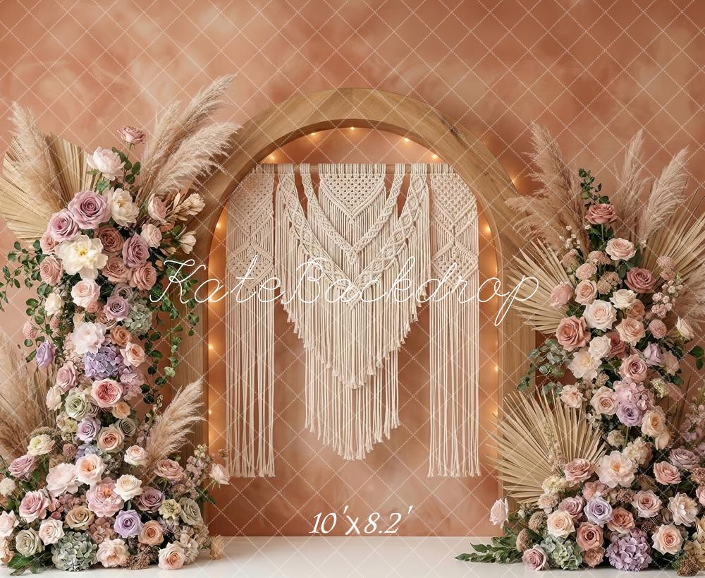 Kate Boho Arch Macrame Pampas Grass Pastel Flowers Printed Backdrop Designed by Patty Roberts