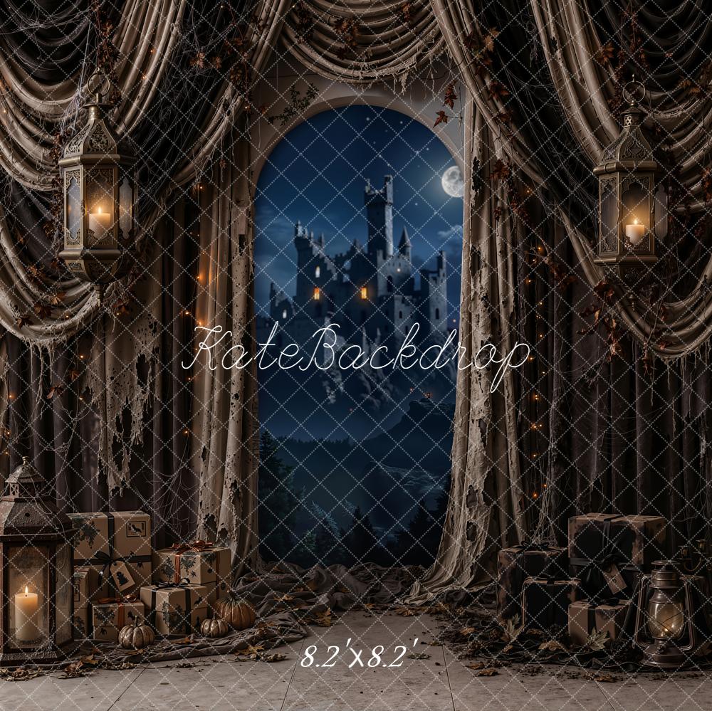 Kate Halloween Spooky Castle Moon Lanterns Shabby Draped Curtains Printed Backdrop Designed by Emetselch