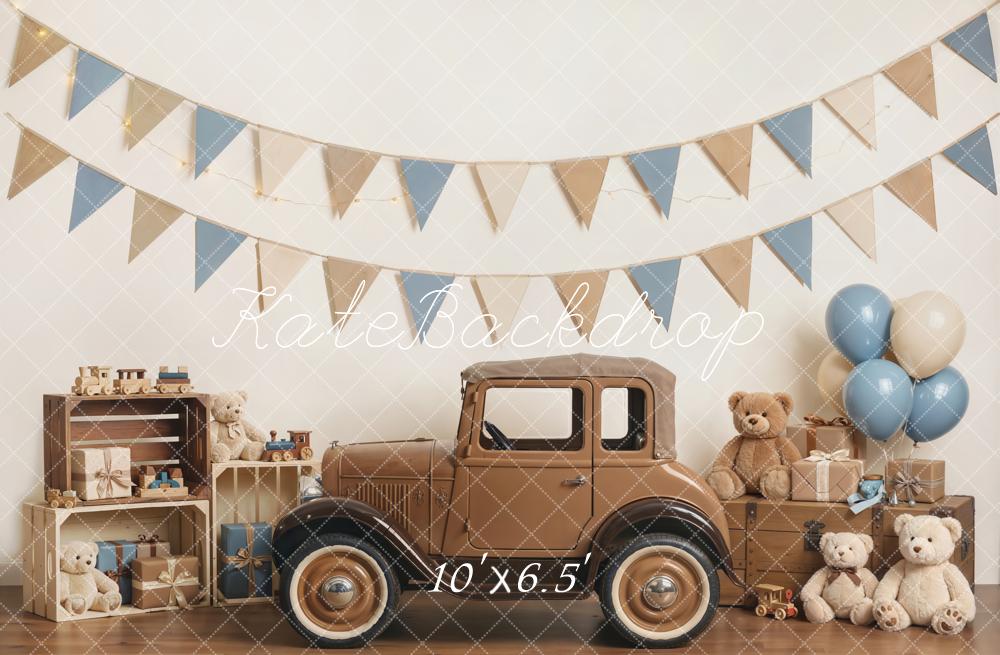Kate Cake Smash Vintage Car Teddy Bear Blue Bunting Balloons Printed Backdrop Designed by Emetselch