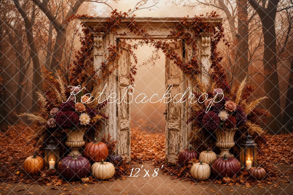 Kate Fall Vintage Door Floral Pumpkins Cozy Forest Printed Backdrop Designed by Jordan Moon