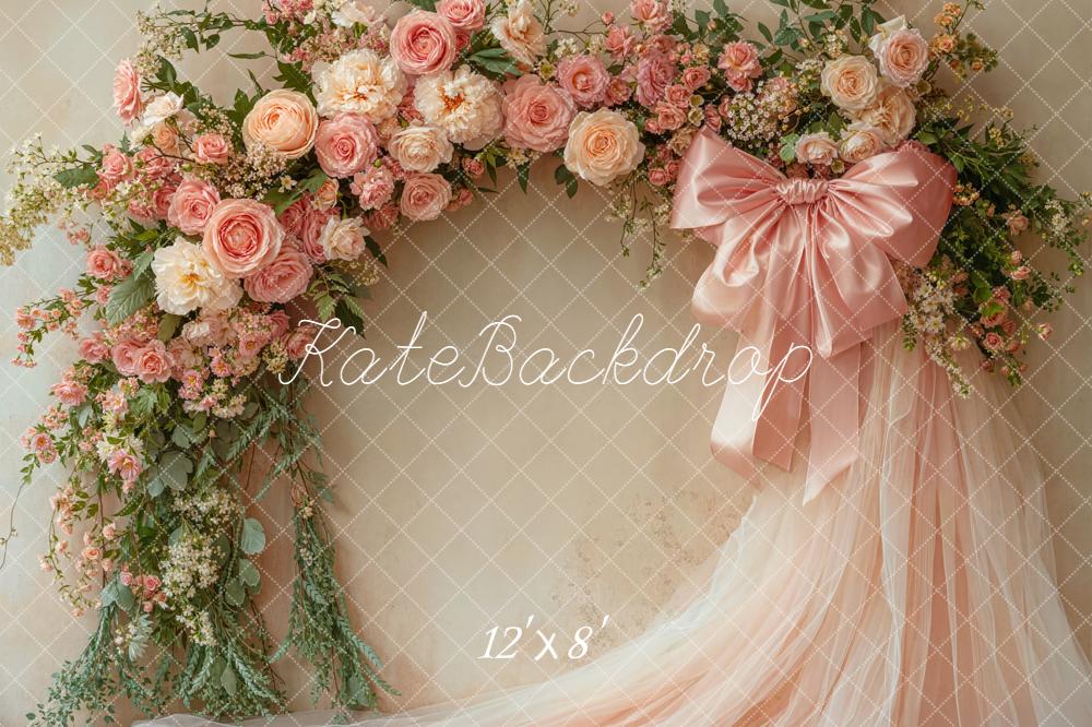 Kate Spring Flower Arch Pink Roses Satin Bow Tulle Backdrop Designed by Emetselch