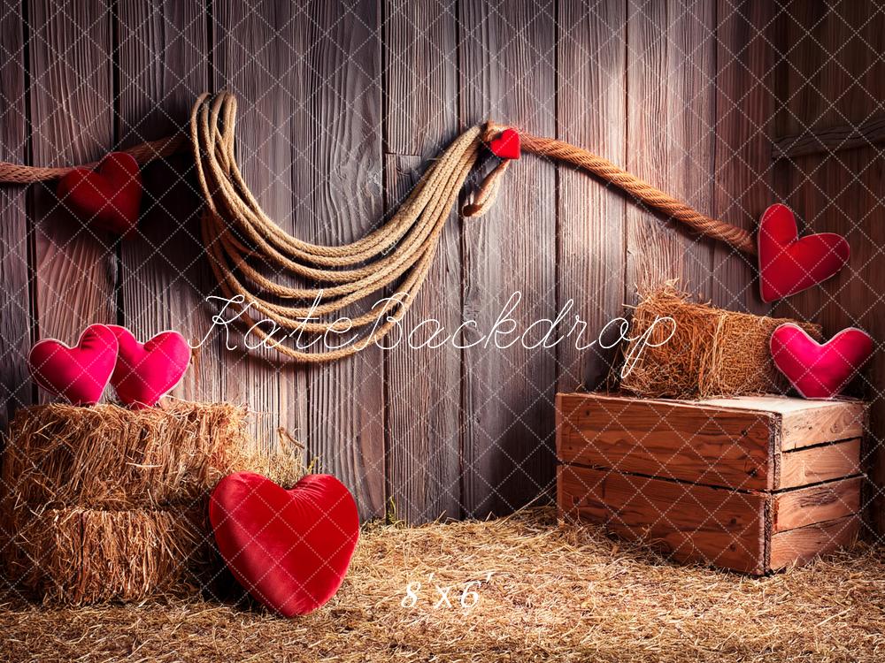 Kate Valentine's Day Rustic Barn Hearts Straw Printed Backdrop Designed by Fantasyphotoart