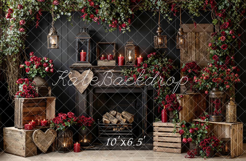 Kate Valentine's Day Fireplace Red Roses Lanterns Wooden Crates Backdrop Designed by Emetselch