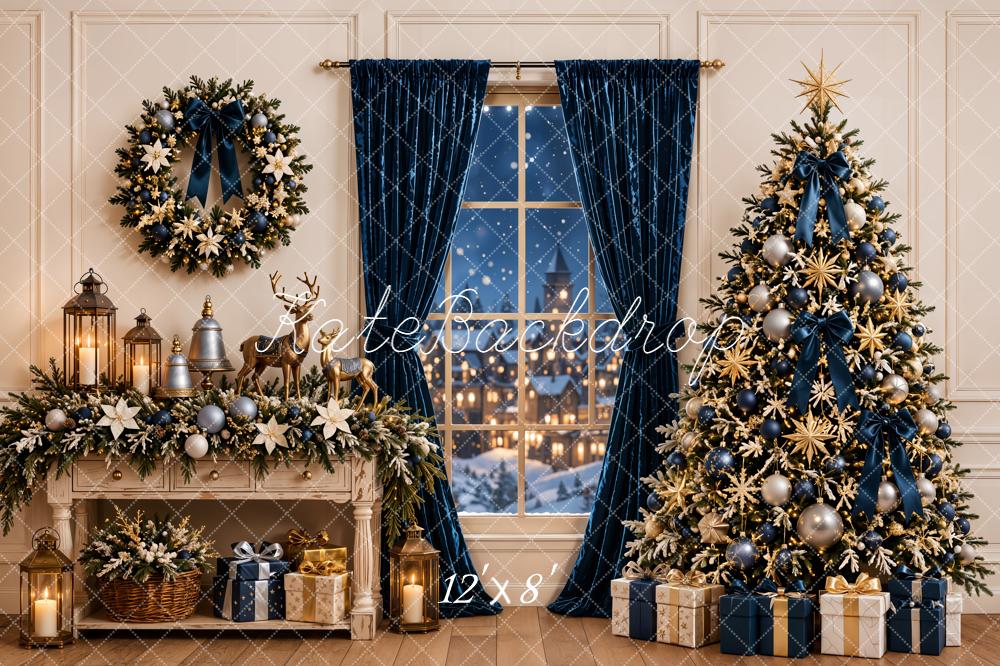 Kate Christmas Navy Curtains Gold Tree Cabinet Wreath Printed Backdrop Designed by Emetselch