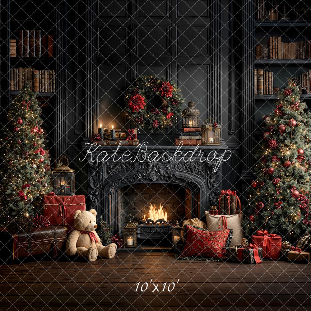 Kate Christmas Vintage Fireplace Wreath Trees Gifts Bookshelves Backdrop Designed by Emetselch