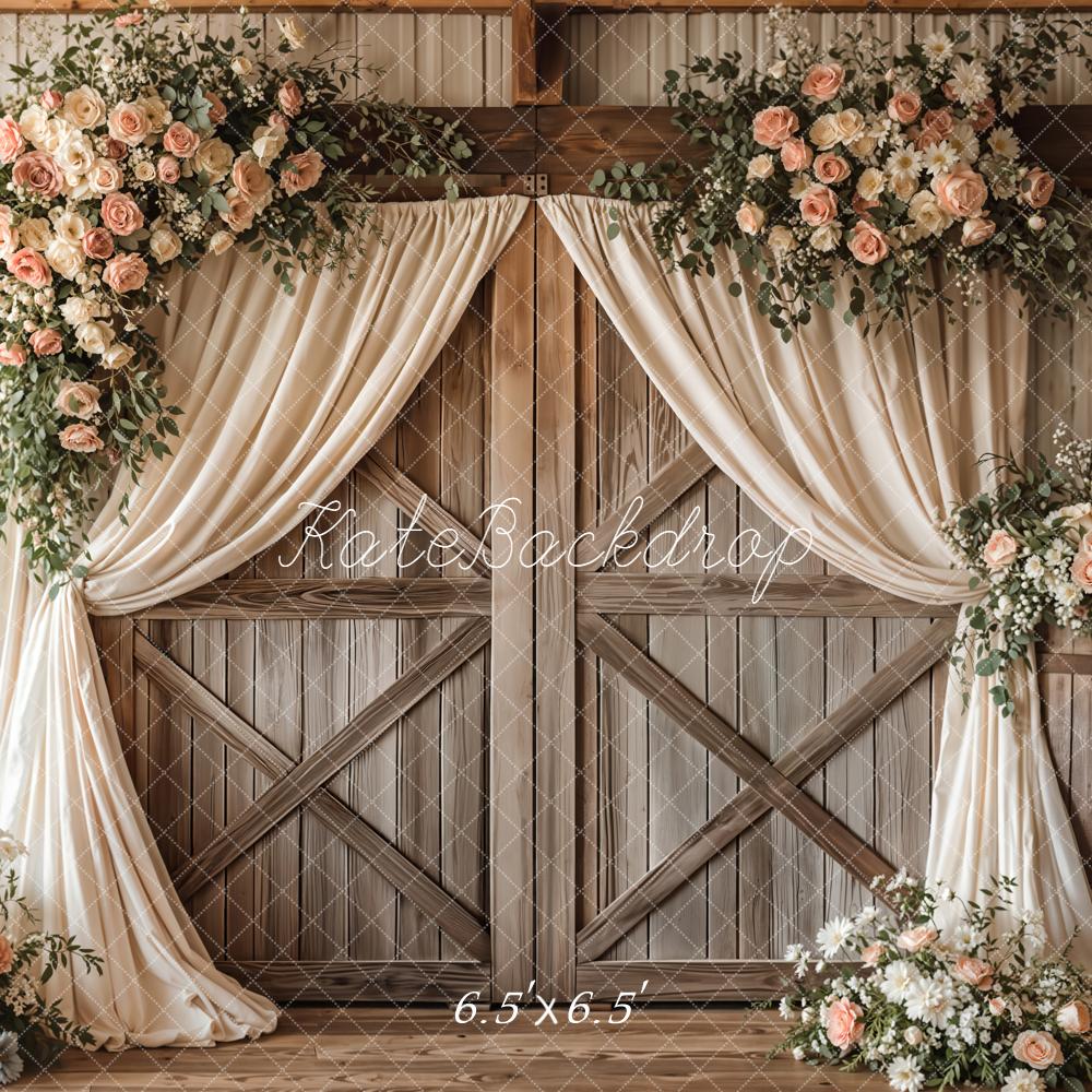 Kate Spring Romantic Flower Arch Barn Doors Cream Drapes Printed Backdrop Designed by Emetselch