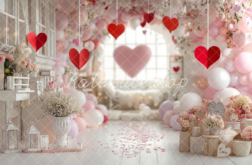Kate Valentine's Day Hearts Pink Balloons Flowers Arch Backdrop Designed by Emetselch