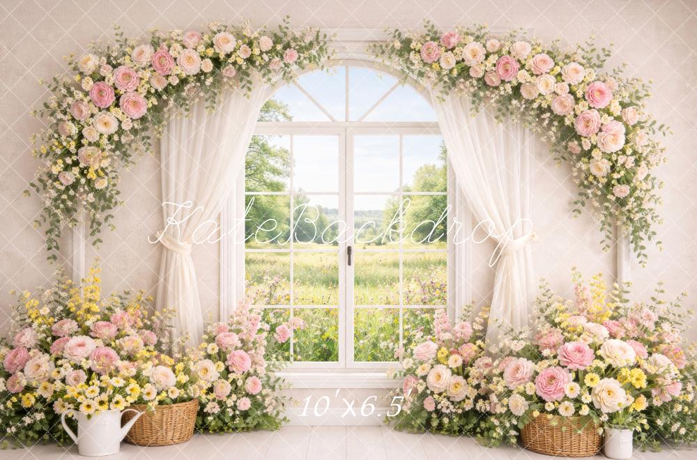 Kate Spring Flower Arch Window Pastel Flowers Backdrop Designed by Megan Leigh Photography