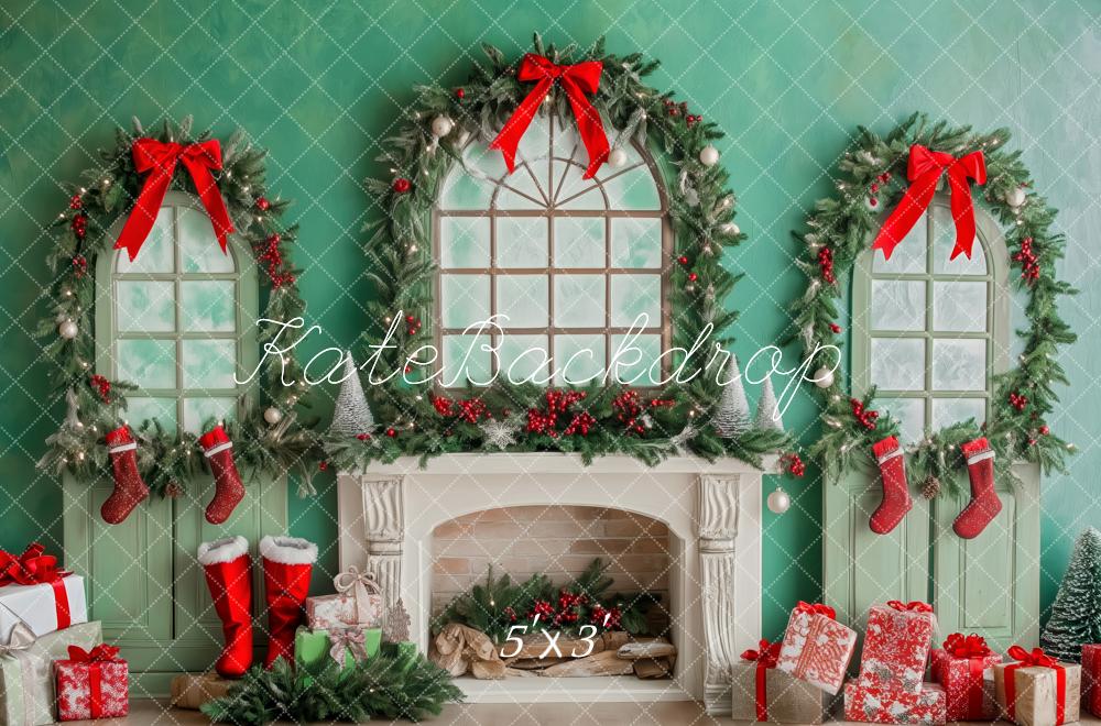 Kate Christmas Fireplace Garland Stockings Red Bows Backdrop Designed by Patty Roberts