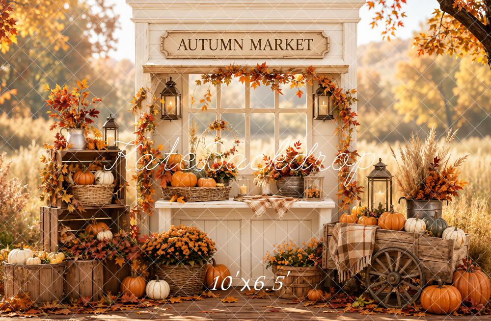 Kate Fall Market Pumpkins Crates Wagon Lanterns Leaves Forest Printed Backdrop Designed by Emetselch