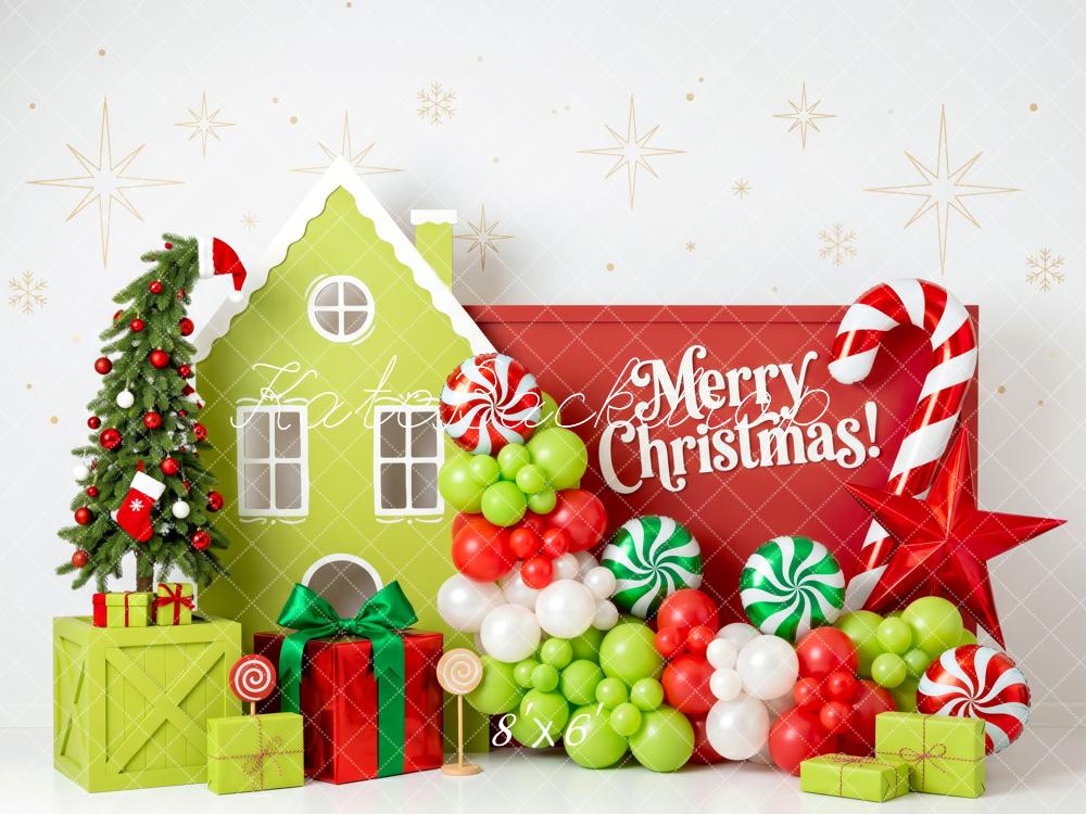Kate Christmas Whimstical Candy House Green Red Balloons Tree Presents Printed Backdrop Designed by Patty Roberts