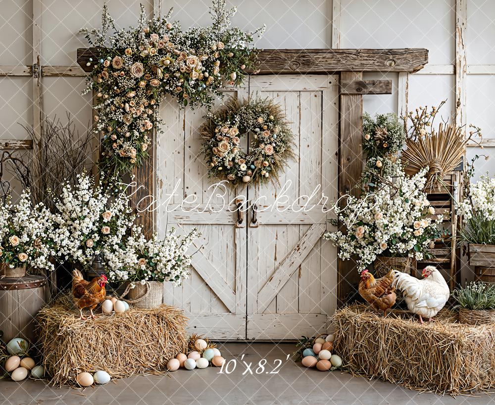 Kate Easter Rustic Barn Flowers Hay Eggs Printed Backdrop Designed by Emetselch