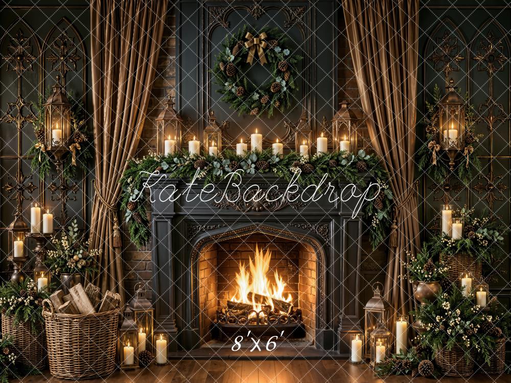 Kate Christmas Fireplace Vintage Wreath Greenery Candles Garland Lanterns Printed Backdrop Designed by Emetselch