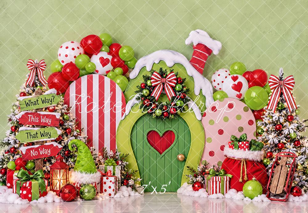 Kate Christmas Cake Smash Green Elf Door Candy Cane House Printed Backdrop Designed by Laura Bybee