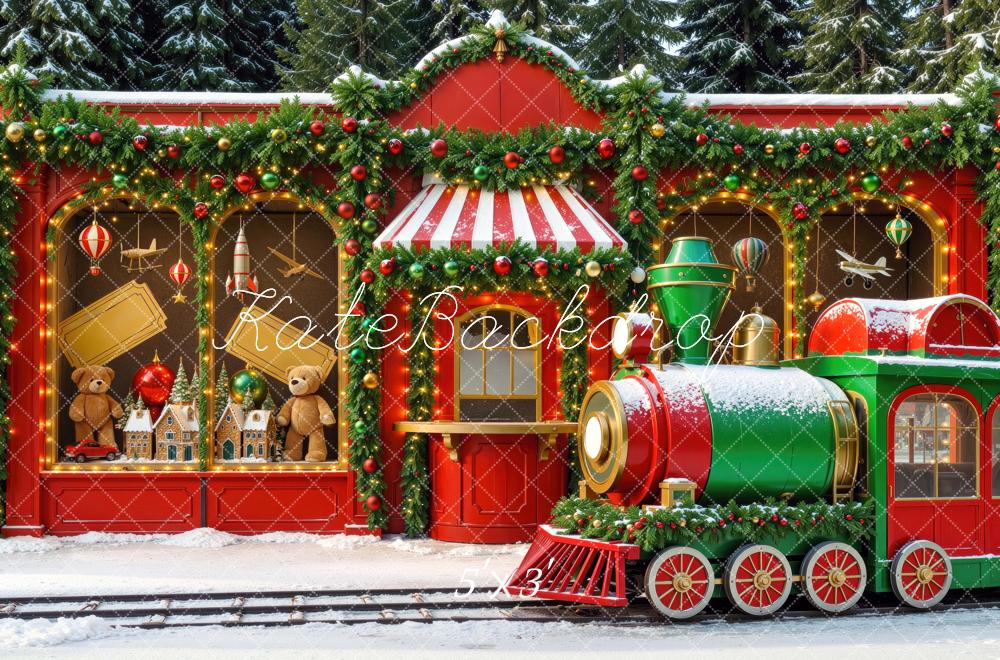 Kate Christmas Polar Train Toy Shop Red Garland Snow Printed Backdrop Designed by Mini MakeBelieve