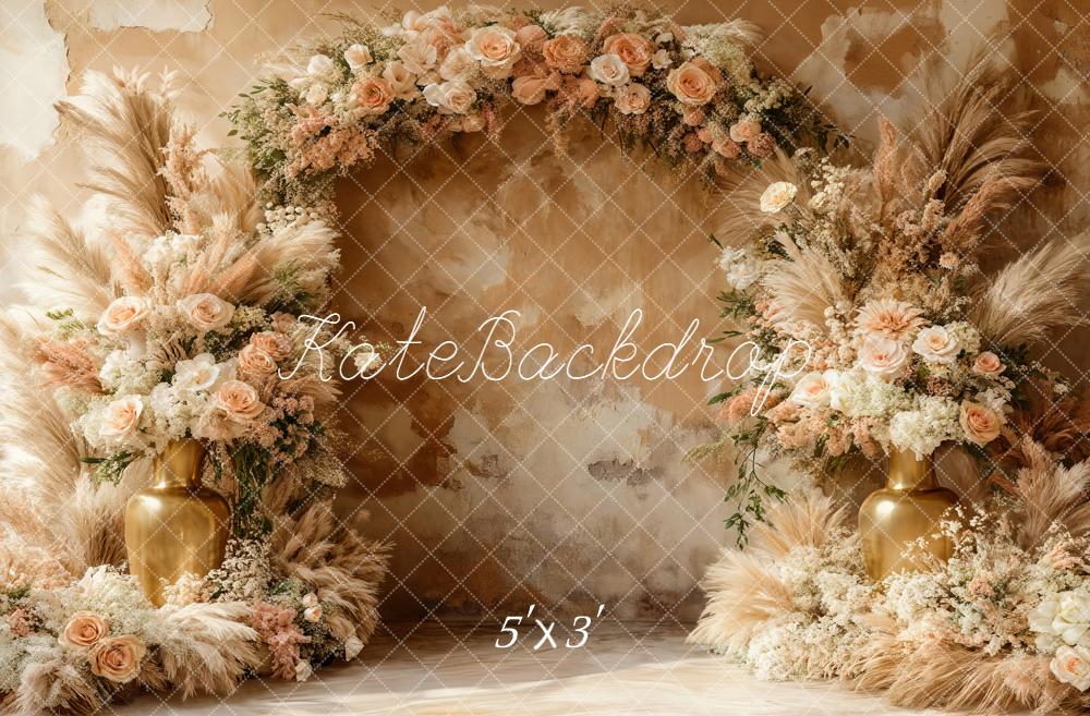 Kate Boho Flower Arch Pampas Grass Gold Vase Roses Backdrop Designed by Emetselch