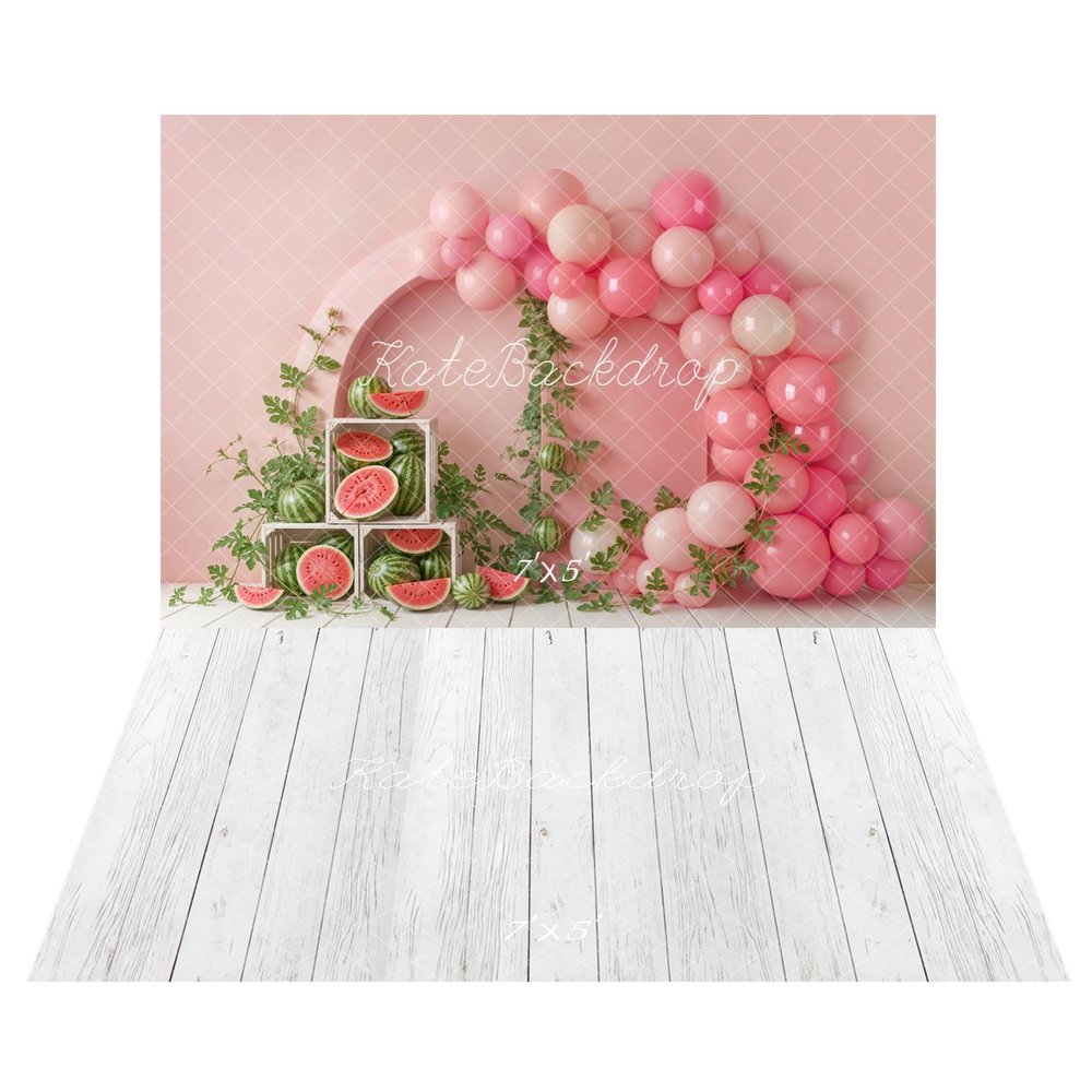 Kate Cake Smash Pink Balloon Arch Watermelon Crate Greenery Backdrop+White Wooden Floor Backdrop