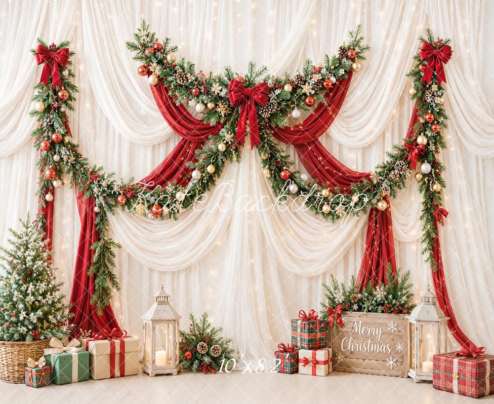 Kate Christmas Garland Red Drapes Gift Boxes Printed Backdrop Designed by Emetselch