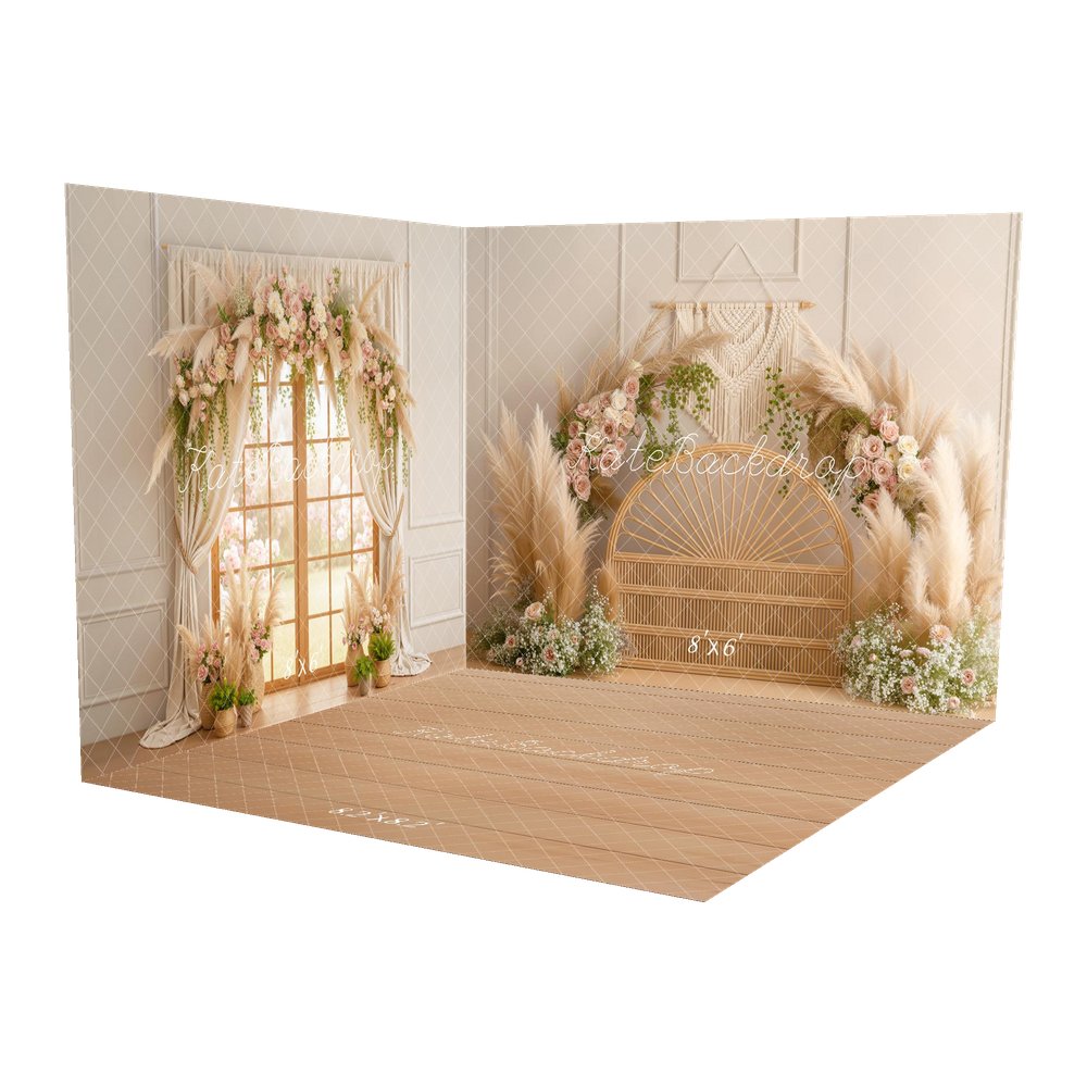 Kate Boho Flower Arch Rattan Pampas Grass Macrame Beige Printed Backdrop Room Set