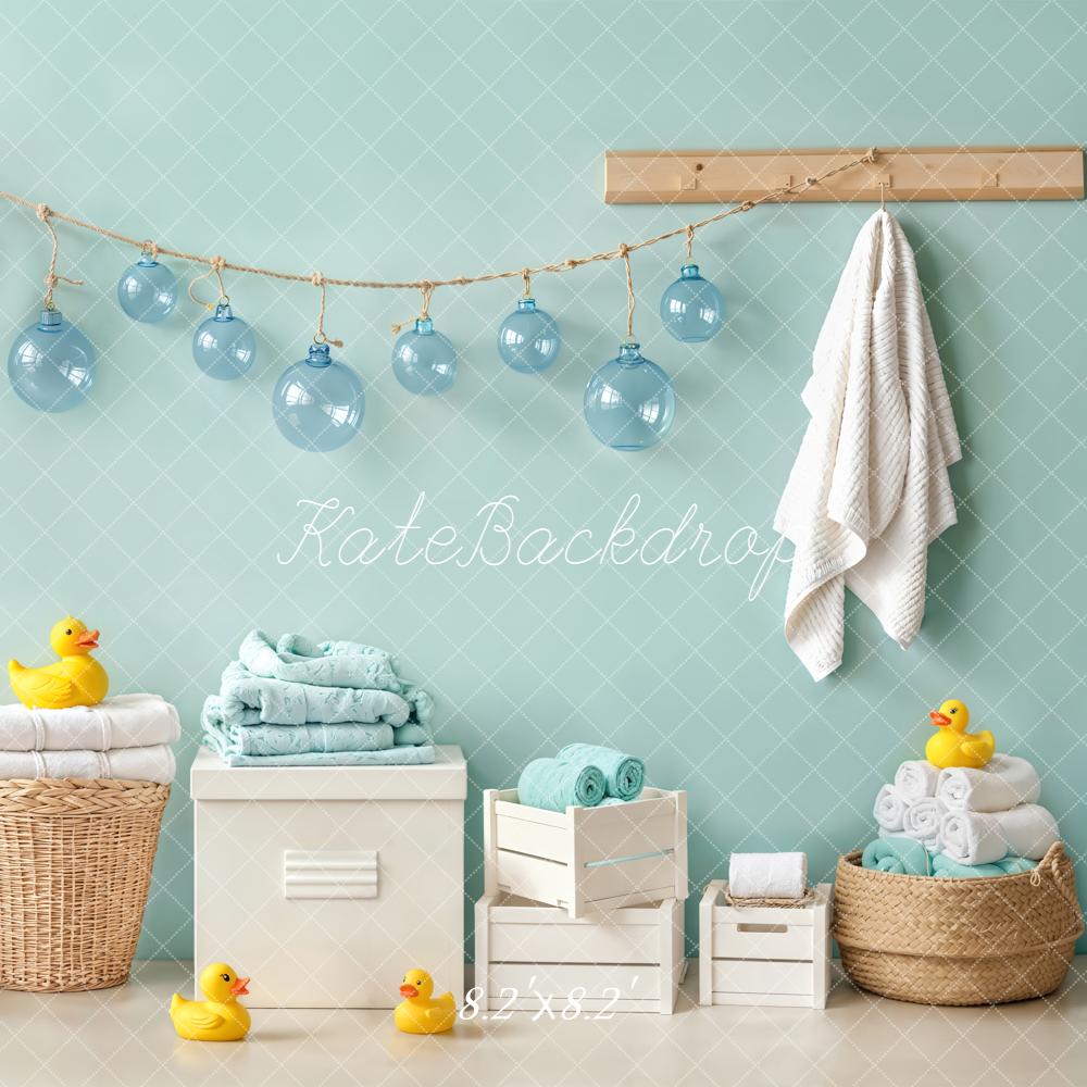 Kate Blue Bathroom Rubber Ducks Towels Baskets Hanging Lights Backdrop Designed by Emetselch
