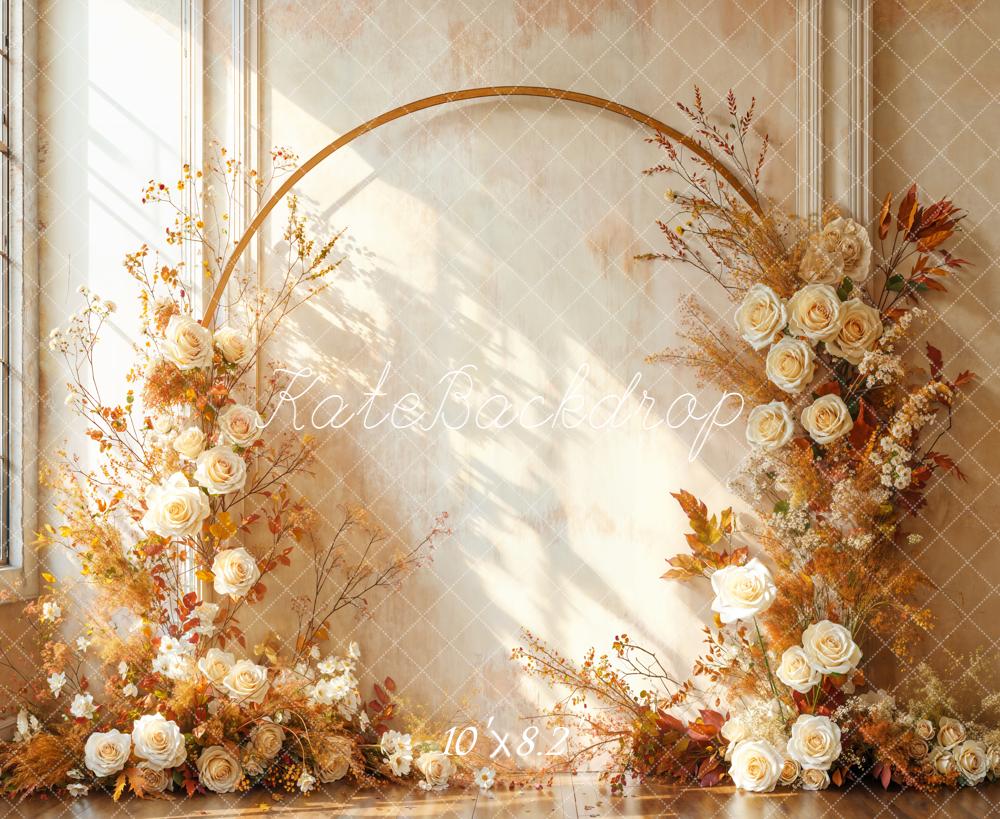 Kate Fall Flower Arch Beige Roses Dried Leaves Backdrop Designed by Emetselch