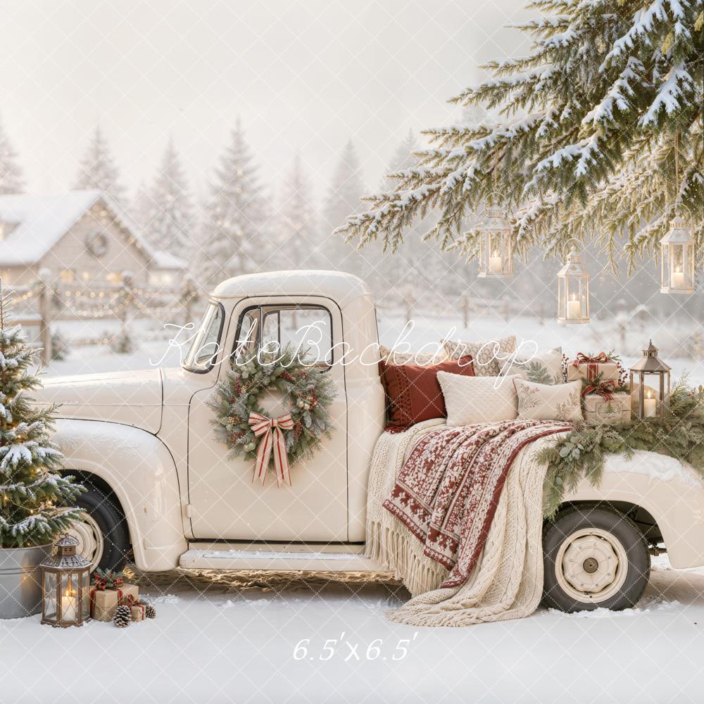 Kate Christmas Countryside Vintage White Truck Snowy Lanterns Blanket Printed Backdrop Designed by Emetselch