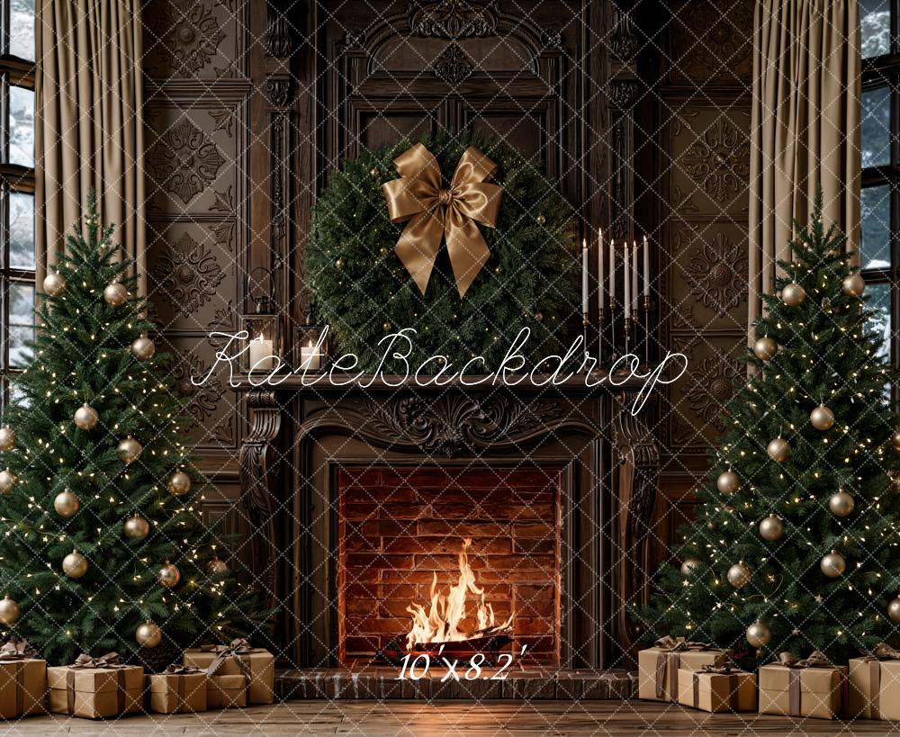 Kate Christmas Retro Brown Fireplace Trees Bow Gifts Printed Backdrop Designed by Emetselch