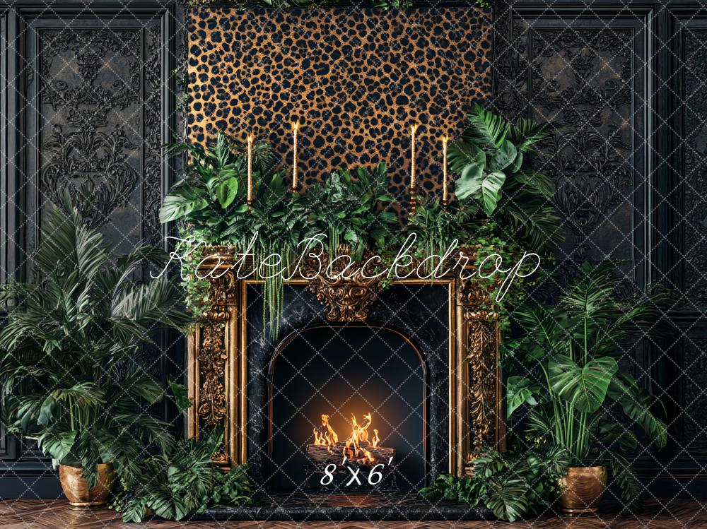 Kate Boudoir Leopard Print Ornate Fireplace Jungle Greenery Printed Backdrop Designed by Ashley Paul