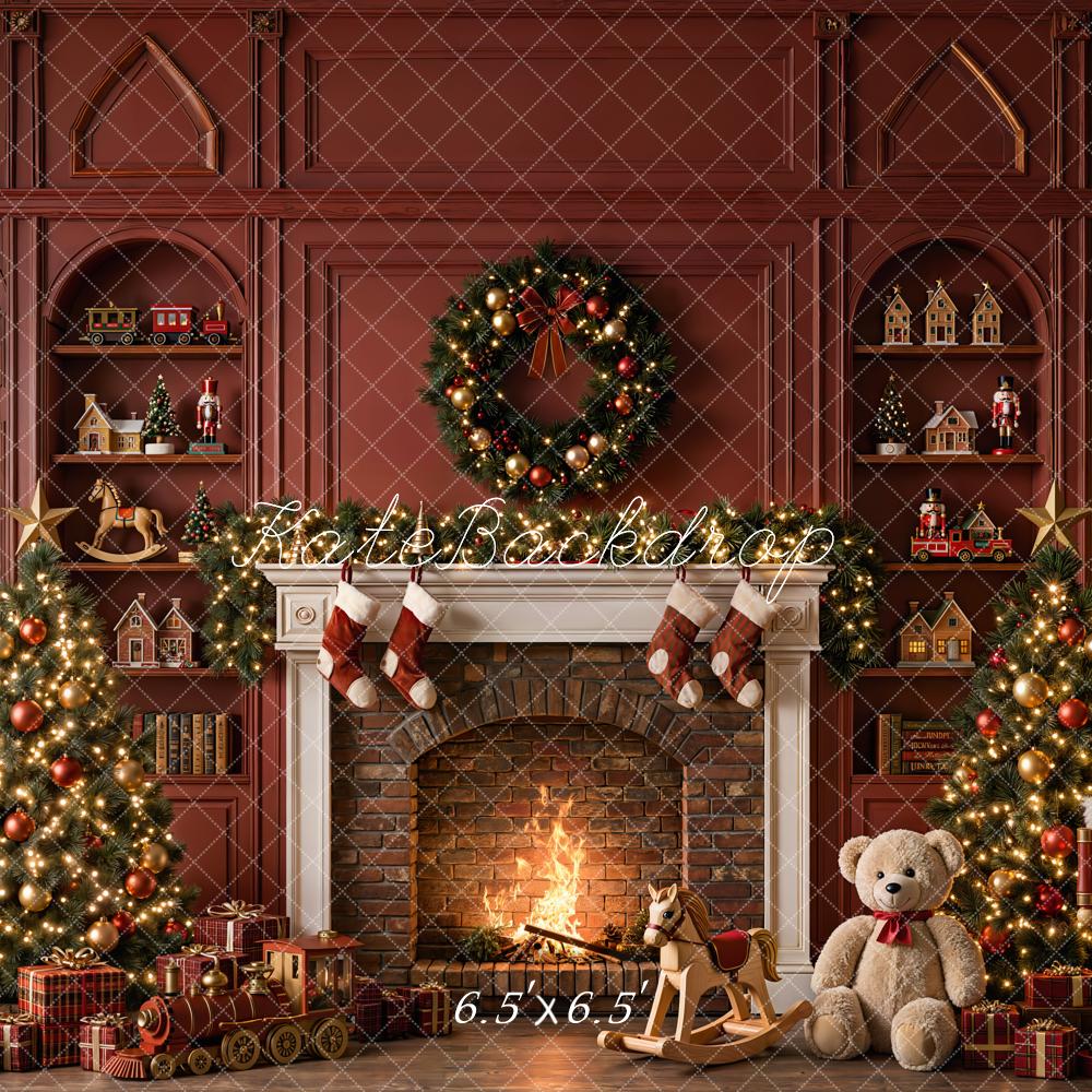 Kate Christmas Fireplace Tree Wreath Gifts Red Toys Wall Printed Backdrop Designed by Emetselch