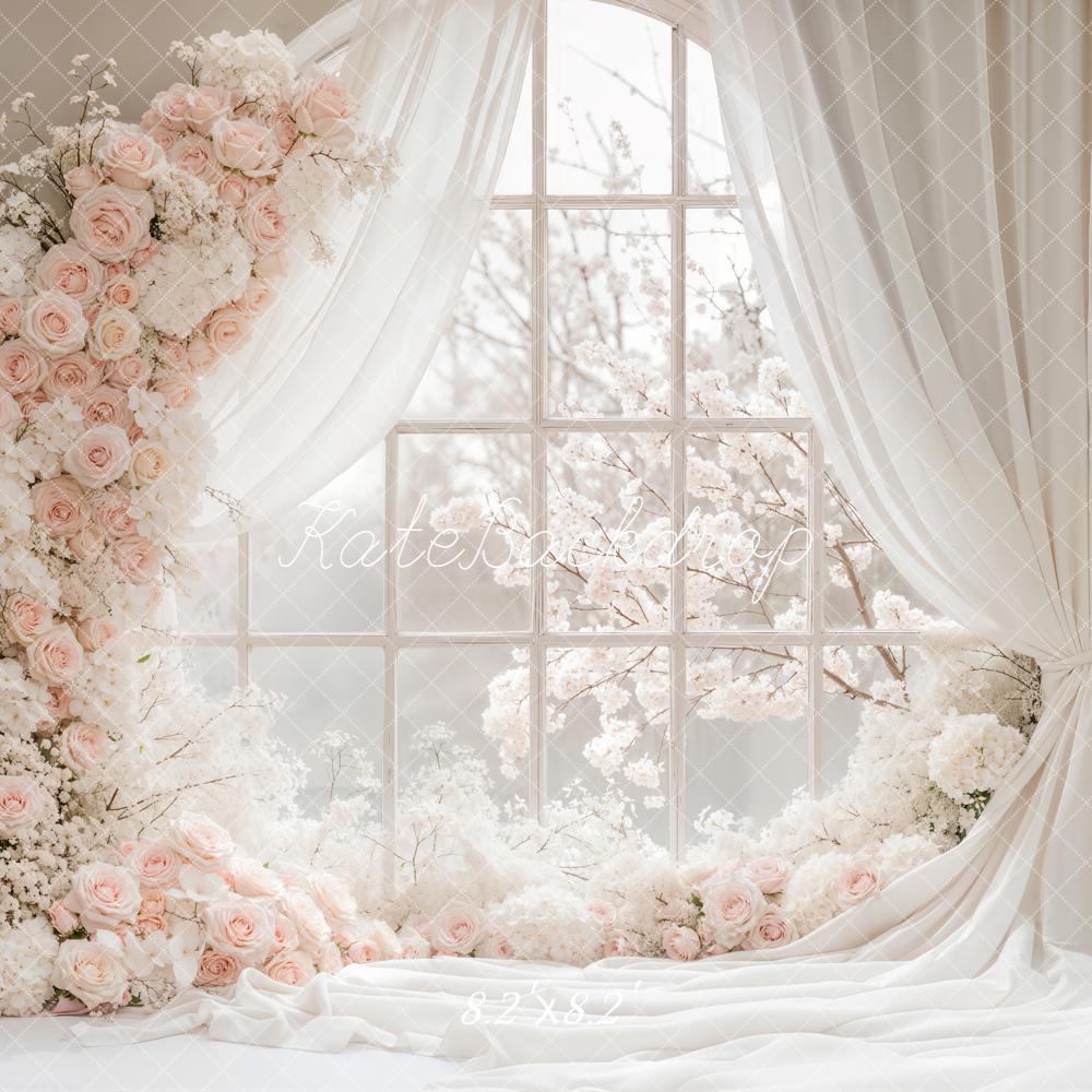 Kate Spring Flower Arch Pink White Blossoms Window Drapes Printed Backdrop Designed by Emetselch
