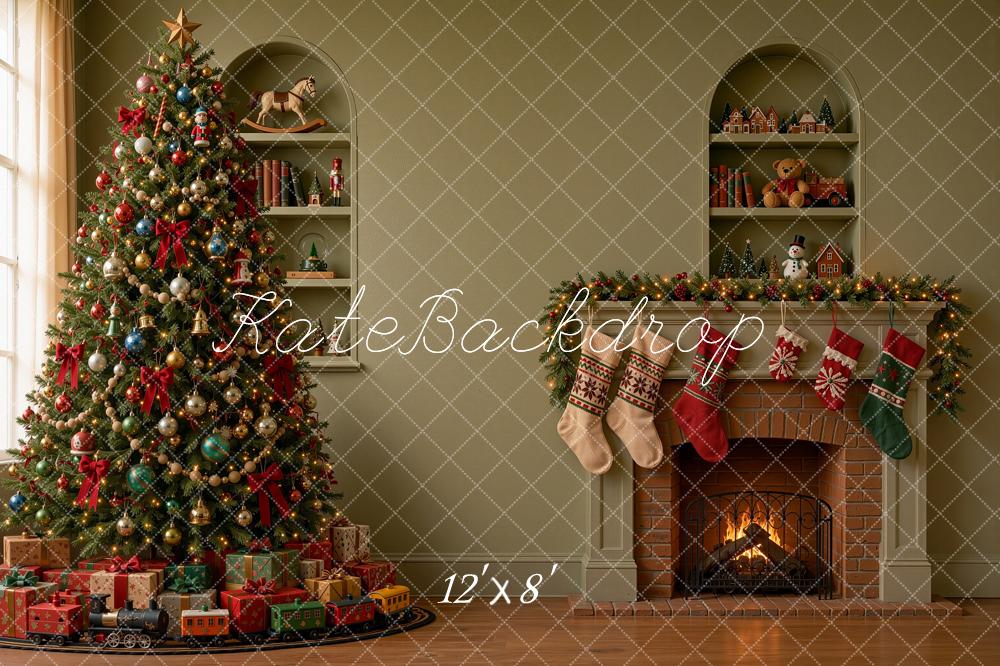 Kate Christmas Tree Fireplace Mantel Stockings Green Printed Backdrop Designed by Shutter Swan Studios