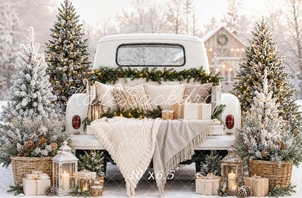 Kate Christmas Vintage White Truck Snowy Trees Blankets Printed Backdrop Designed by Emetselch