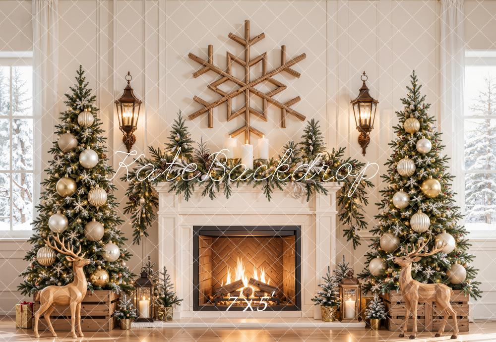 Kate Christmas Fireplace Christmas Trees Deer Printed Backdrop Designed by Emetselch