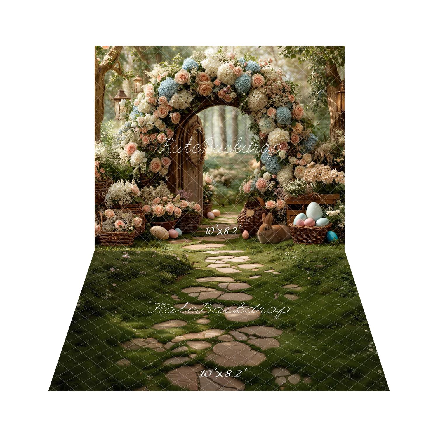 Kate Easter Bunny Flower Arch Pastel Eggs Forest Printed Backdrop+Stone Pathway Mossy Green Garden Floor Printed Backdrop