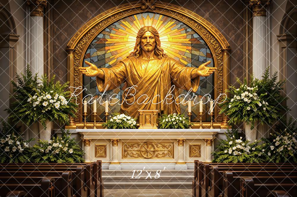 Kate Church Altar Gold Jesus Statue Stained Glass Floral Backdrop Designed by Mini MakeBelieve