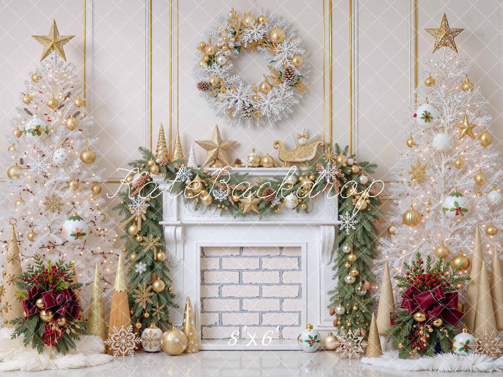 Kate Christmas White Trees Gold Fireplace Wreath Printed Backdrop Designed by Mini MakeBelieve
