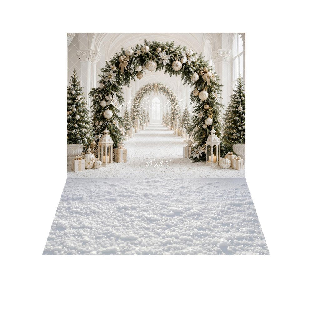 Kate Christmas Flower Archway White Gold Trees Lanterns Gifts Columns Printed Backdrop+Snow White Texture Floor Printed Backdrop